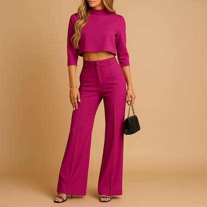 Damen Zweiteiliges Set mit Kurzem Langarm-Oberteil und Gerade Geschnittener Hose