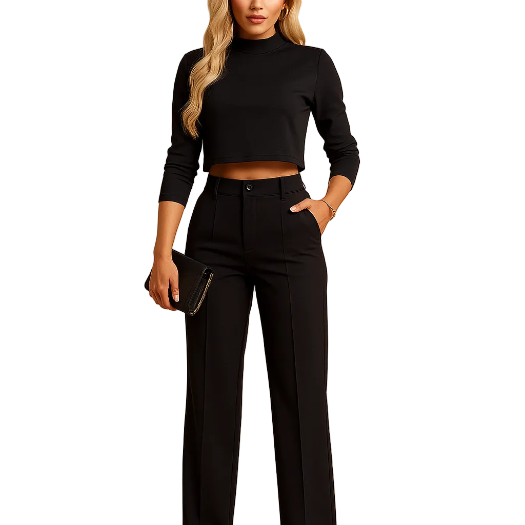 Damen Zweiteiliges Set mit Kurzem Langarm-Oberteil und Gerade Geschnittener Hose