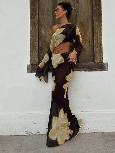 Damen zweiteiliges Set mit One-Shoulder-Top und langem Rock-Sets for women-Alpenkind