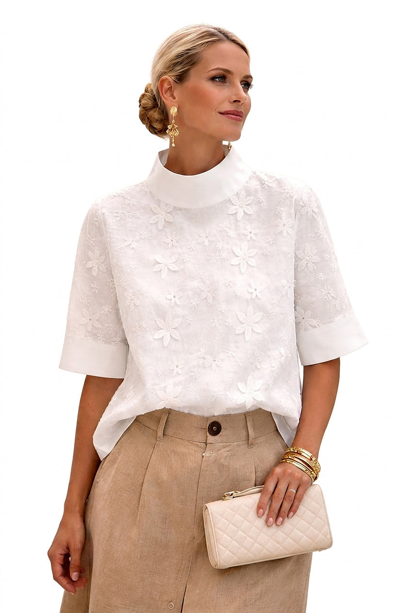 Damenbluse mit Blumenstickerei und Stehkragen-Blouses for women-Alpenkind