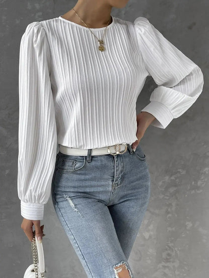Damenbluse mit langen Ärmeln, Plissee-Struktur und Knopfverschluss hinten-Shirts for women-Alpenkind