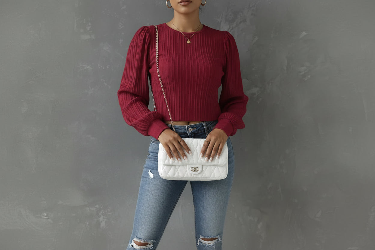 Damenbluse mit langen Ärmeln, Plissee-Struktur und Knopfverschluss hinten-Shirts for women-Alpenkind