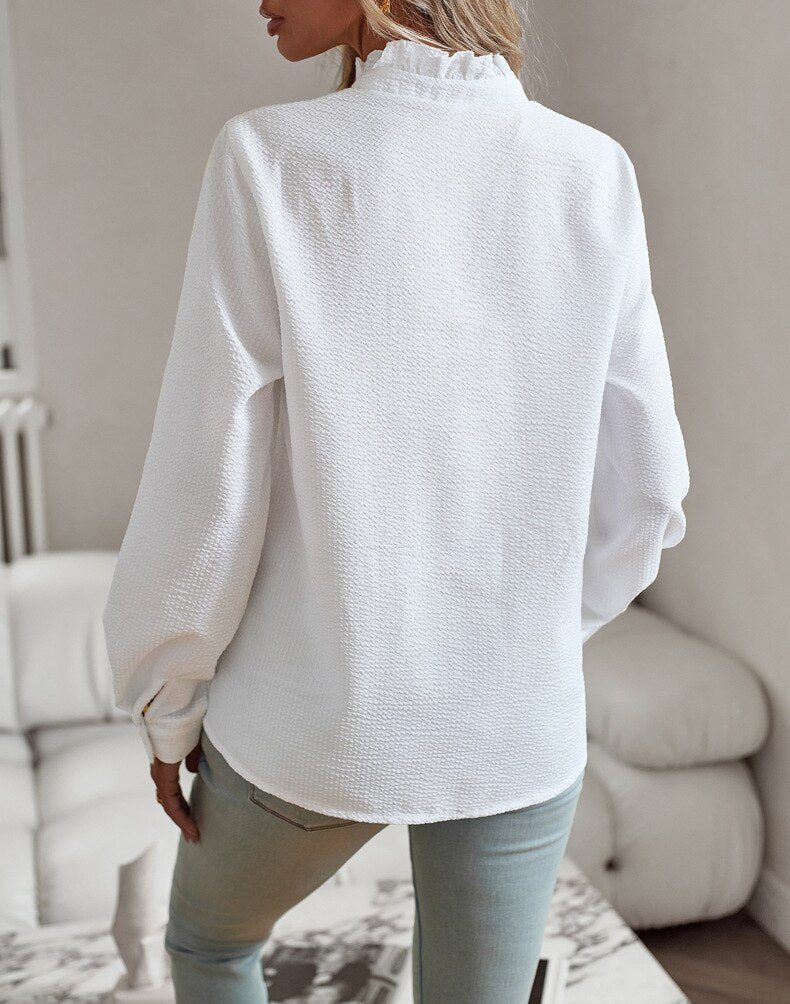 Damenbluse mit langen Ärmeln, Rüschen und Knopfleiste-Shirts for women-Alpenkind