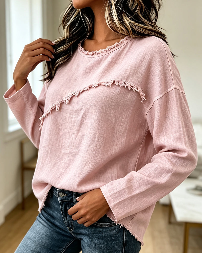 Damenbluse mit langen Ärmeln und ausgefransten Kanten-Blouses for women-Alpenkind
