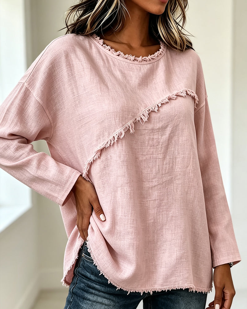 Damenbluse mit langen Ärmeln und ausgefransten Kanten-Blouses for women-Alpenkind