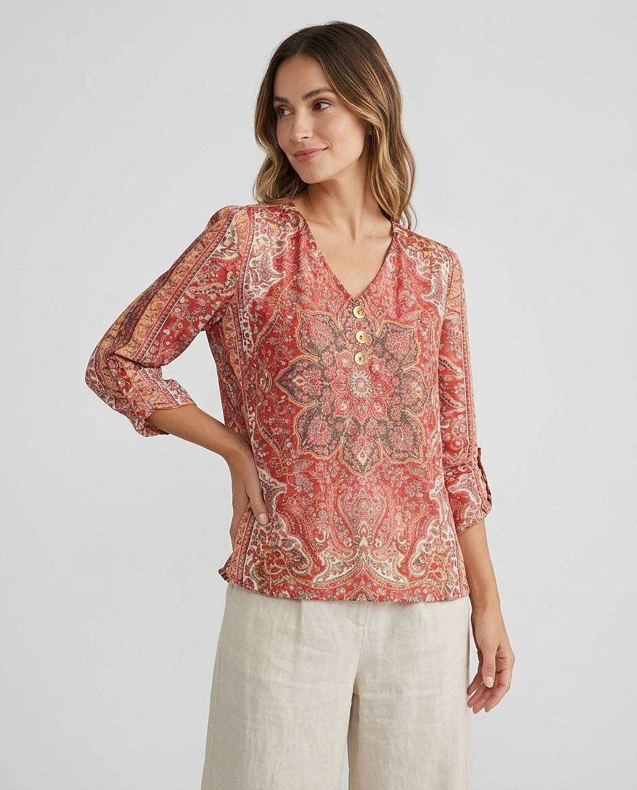 Damenbluse mit V-Ausschnitt, Knopfleiste und Muster-Blouses for women-Alpenkind