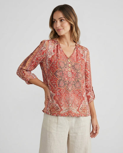 Damenbluse mit V-Ausschnitt, Knopfleiste und Muster-Blouses for women-Alpenkind
