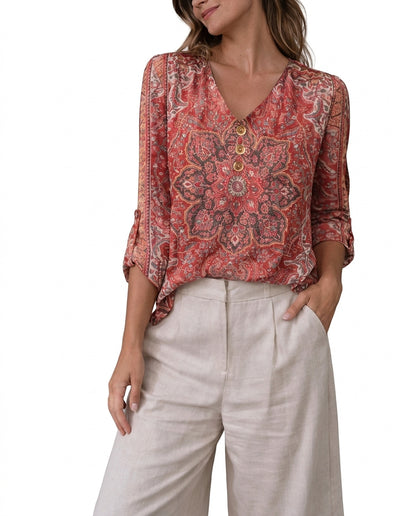 Damenbluse mit V-Ausschnitt, Knopfleiste und Muster-Blouses for women-Alpenkind