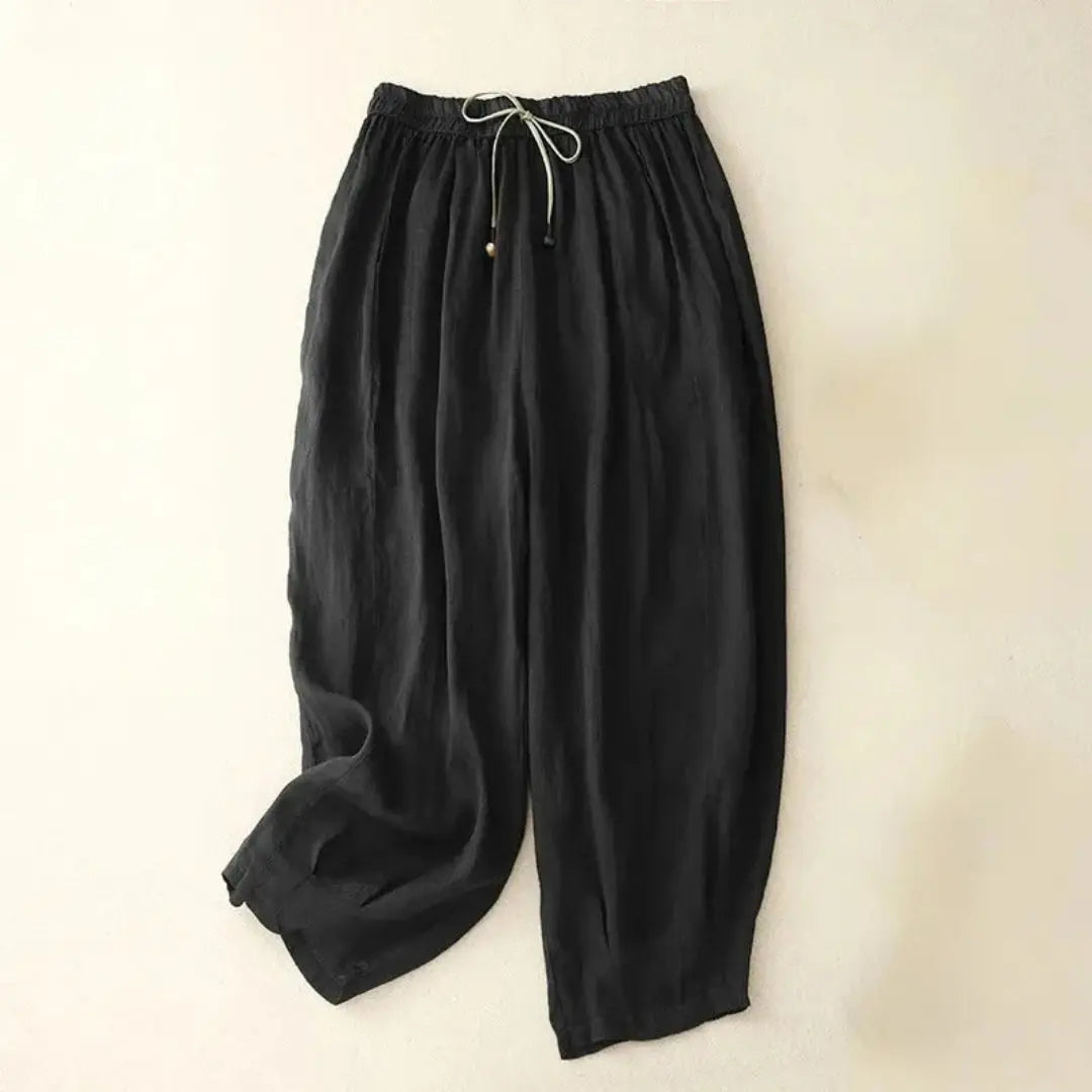 Damenhose mit hohem Bund, geradem Bein, Kordelzug und Seitentaschen-Women Pants-Alpenkind