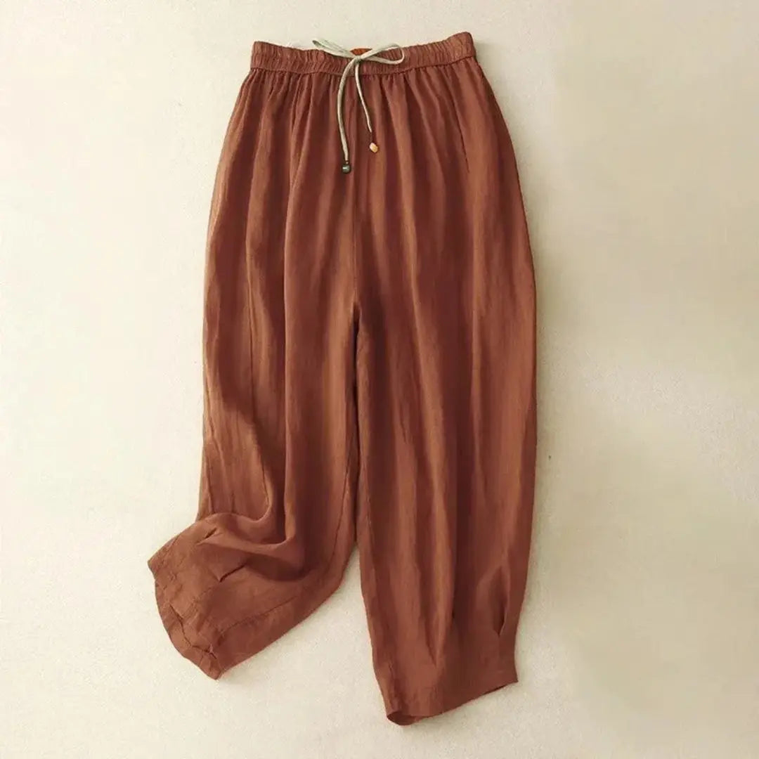 Damenhose mit hohem Bund, geradem Bein, Kordelzug und Seitentaschen-Women Pants-Alpenkind