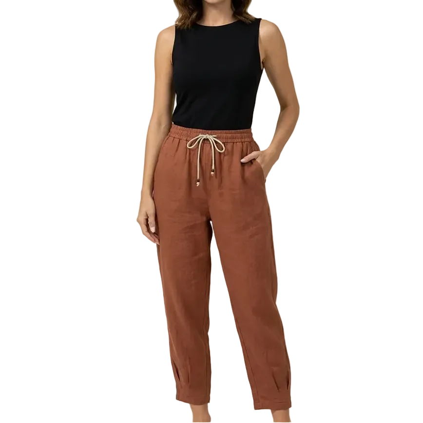 Damenhose mit hohem Bund, geradem Bein, Kordelzug und Seitentaschen-Women Pants-Alpenkind