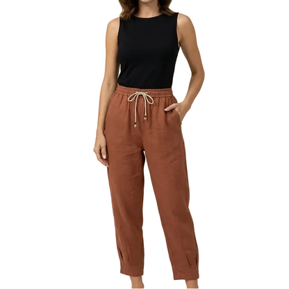 Damenhose mit hohem Bund, geradem Bein, Kordelzug und Seitentaschen-Women Pants-Alpenkind