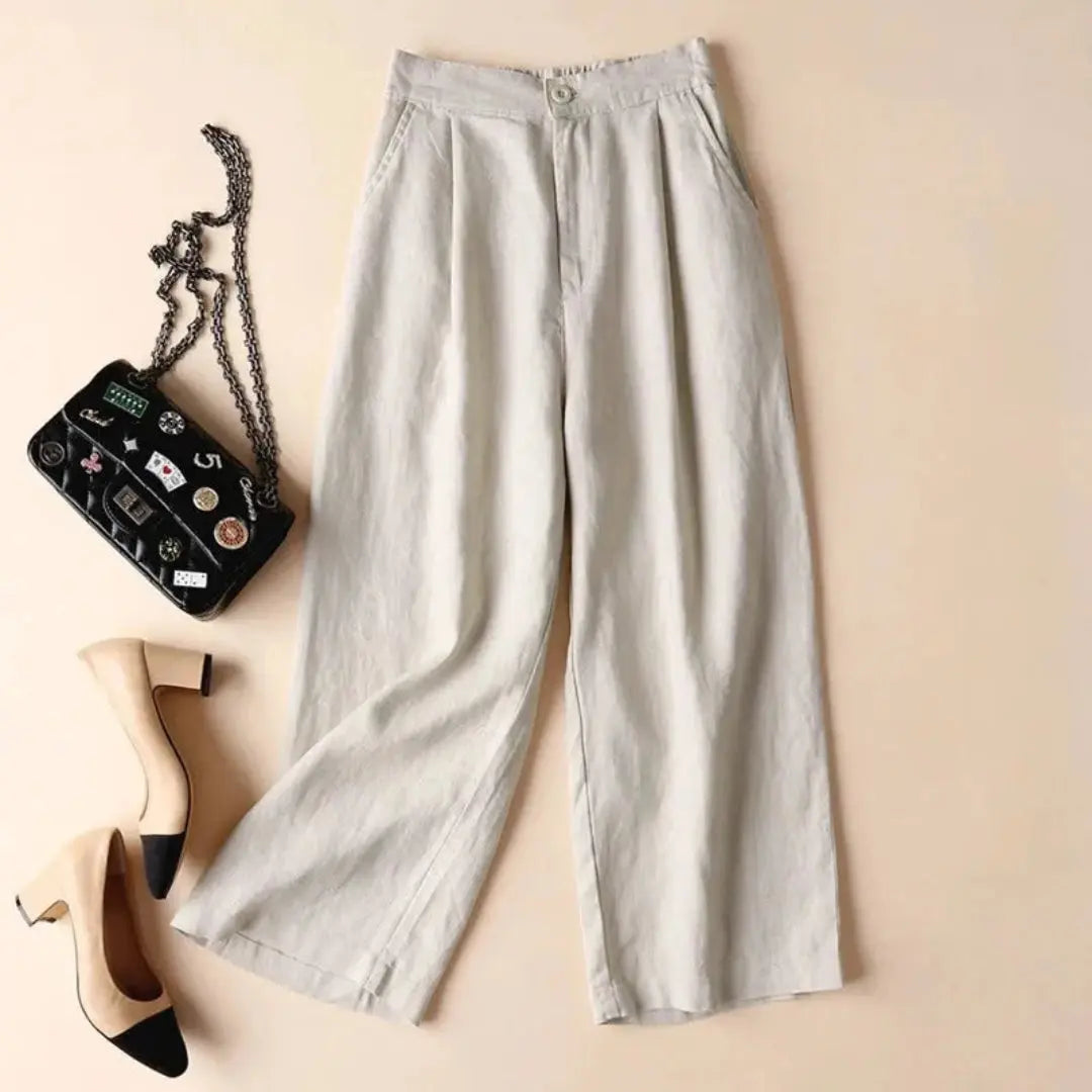 Damenhose mit hohem Bund, weitem Bein, Frontfalten und Seitentaschen-Women Pants-Alpenkind