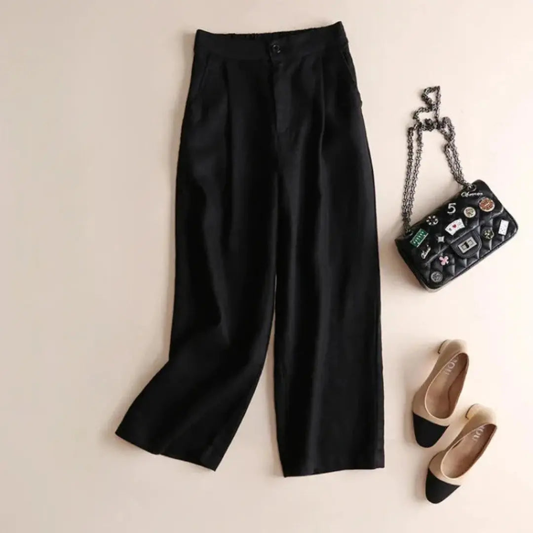 Damenhose mit hohem Bund, weitem Bein, Frontfalten und Seitentaschen-Women Pants-Alpenkind
