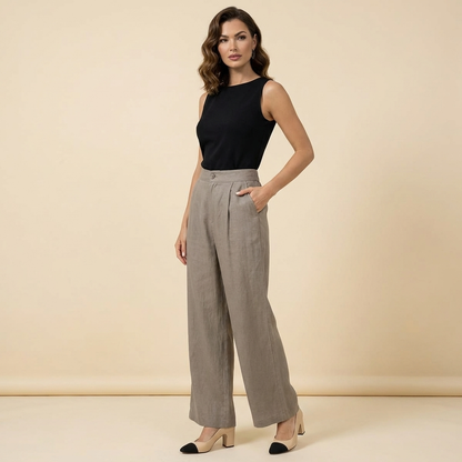 Damenhose mit hohem Bund, weitem Bein, Frontfalten und Seitentaschen-Women Pants-Alpenkind