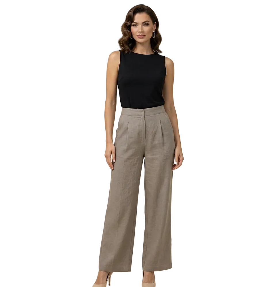 Damenhose mit hohem Bund, weitem Bein, Frontfalten und Seitentaschen-Women Pants-Alpenkind