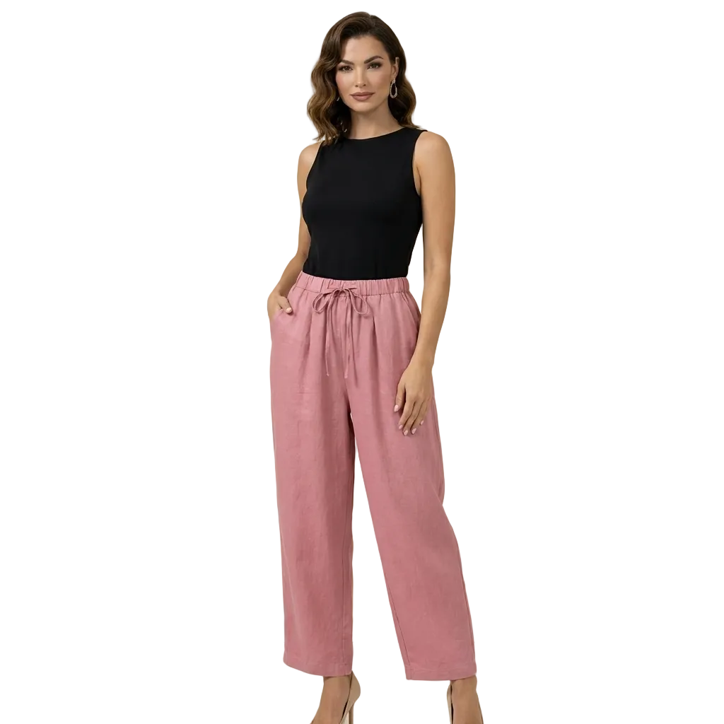 Damenhose mit hohem Bund, weitem Bein, Kordelzug und Seitentaschen-Women Pants-Alpenkind