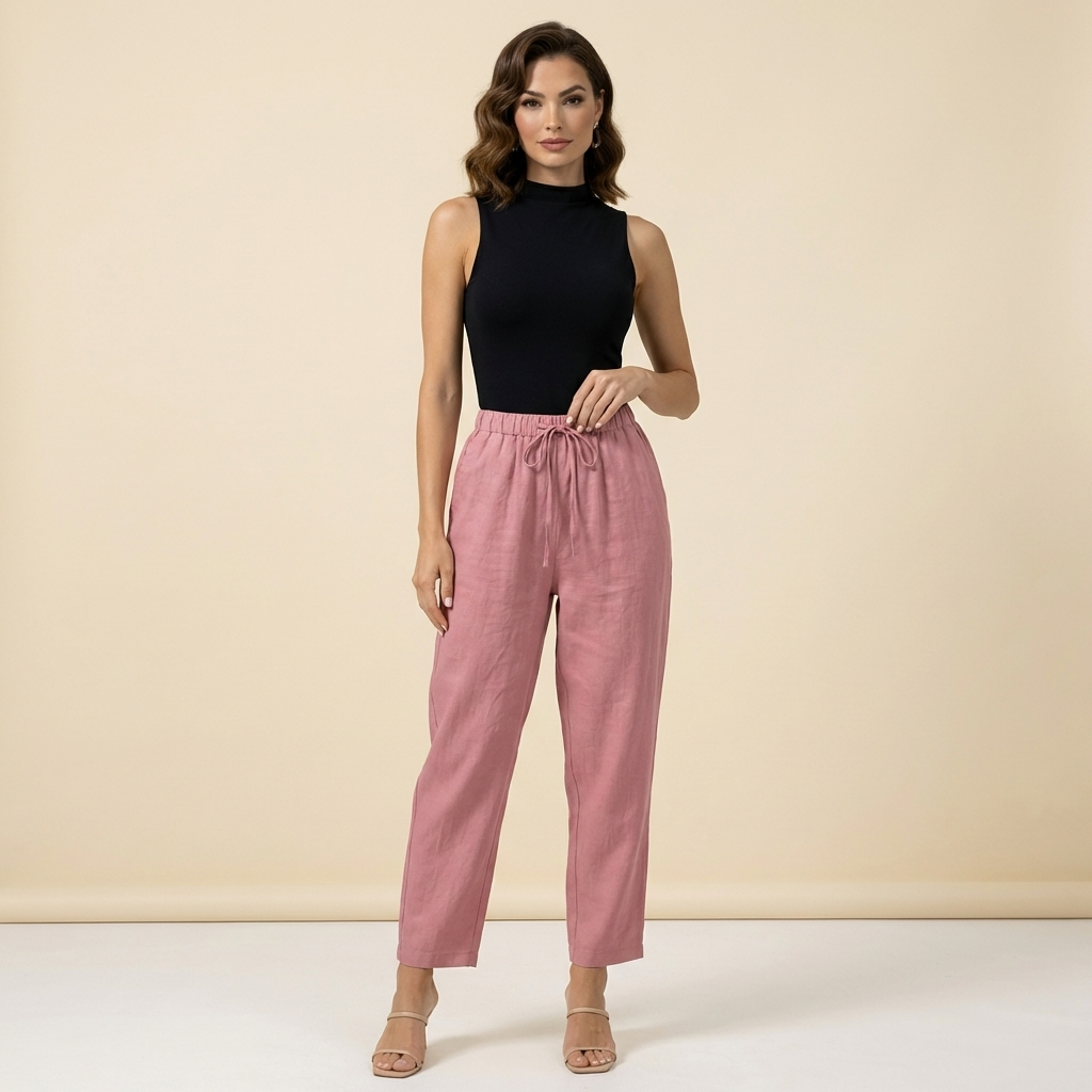 Damenhose mit hohem Bund, weitem Bein, Kordelzug und Seitentaschen-Women Pants-Alpenkind