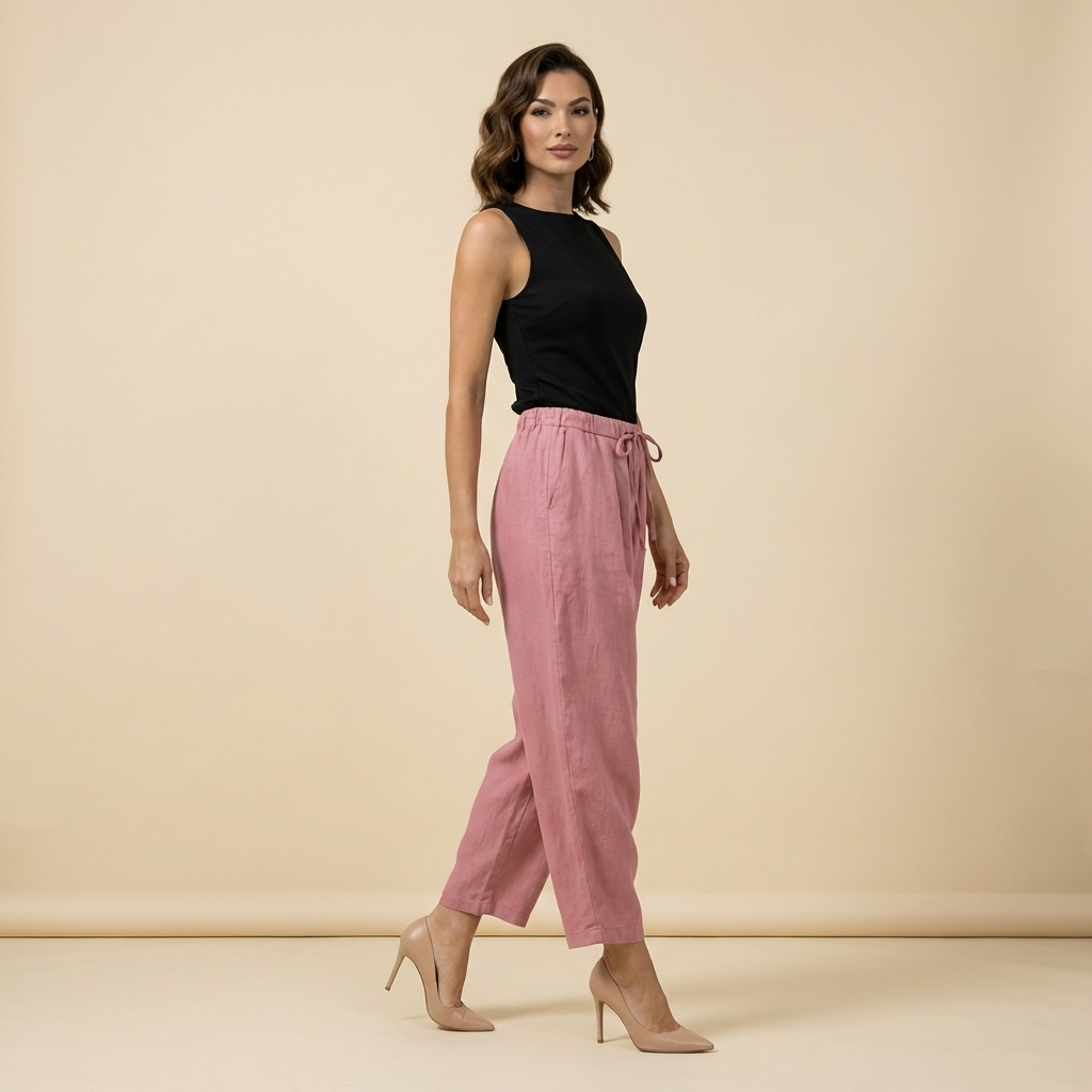 Damenhose mit hohem Bund, weitem Bein, Kordelzug und Seitentaschen-Women Pants-Alpenkind