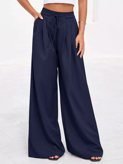 Damenhose mit hoher Taille, weitem Bein und Falten-Pants for Women-Alpenkind