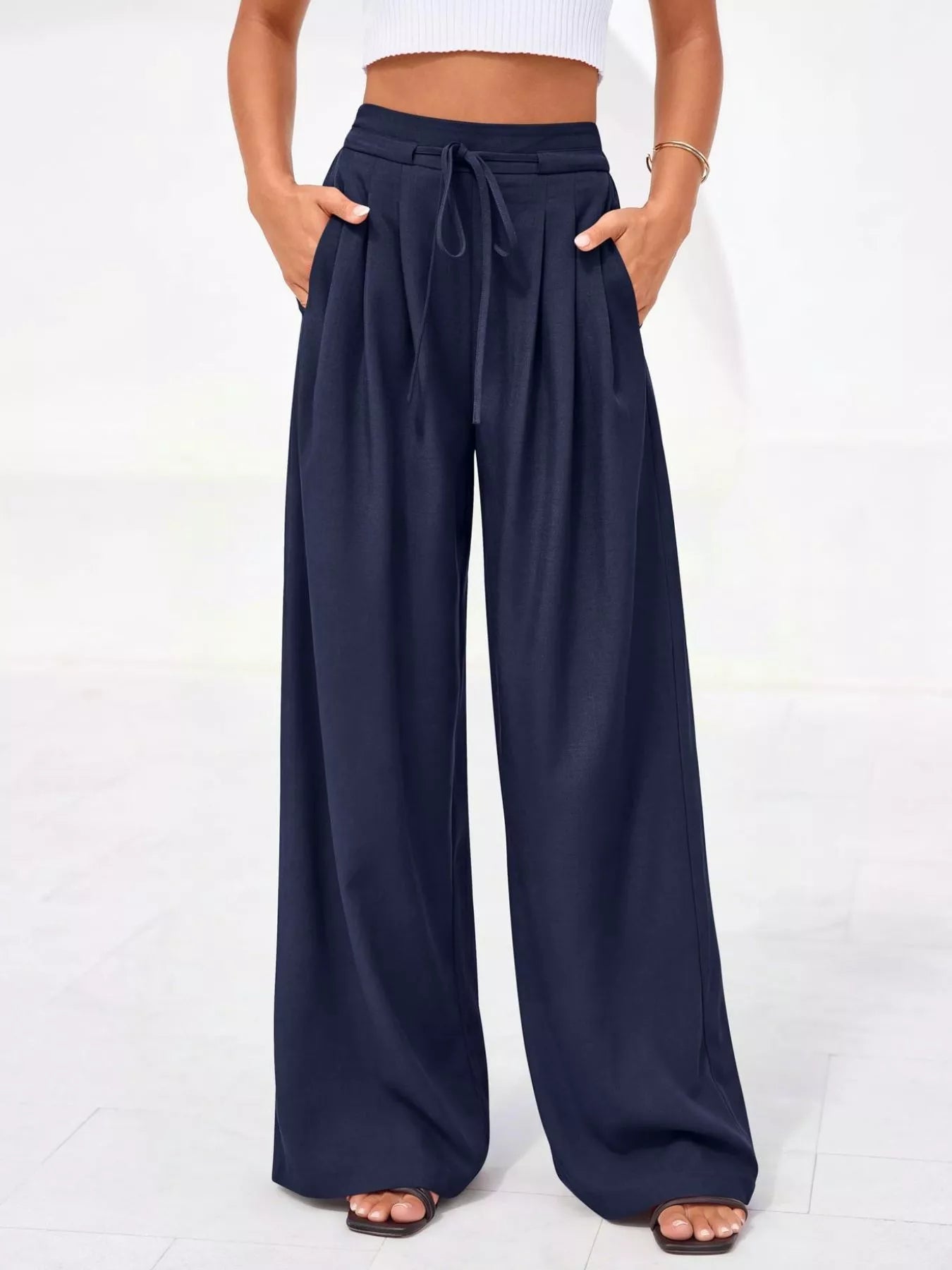 Damenhose mit hoher Taille, weitem Bein und Falten-Pants for Women-Alpenkind