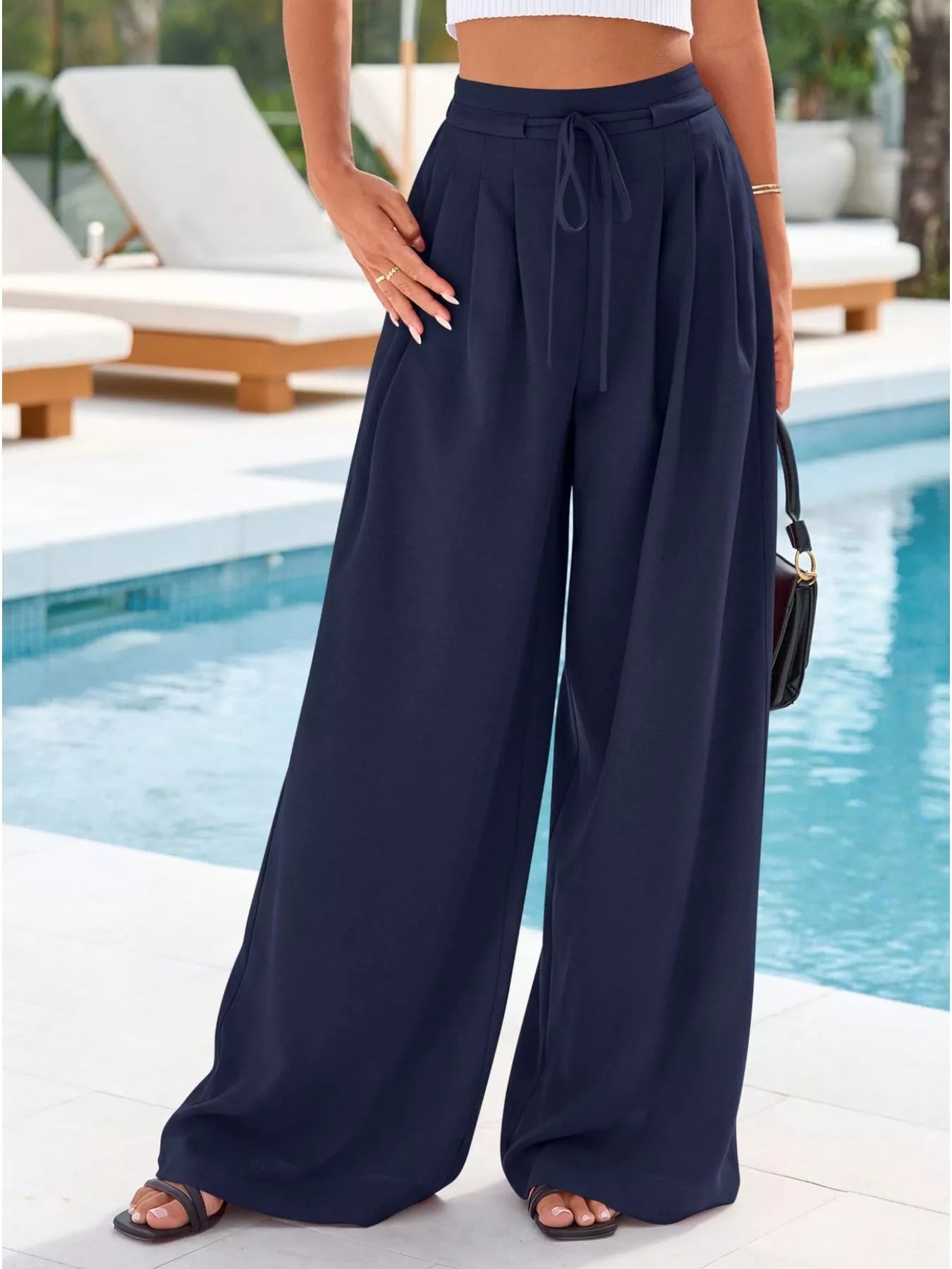 Damenhose mit hoher Taille, weitem Bein und Falten-Pants for Women-Alpenkind