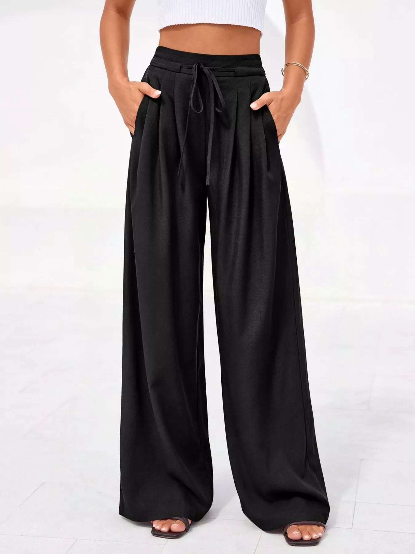 Damenhose mit hoher Taille, weitem Bein und Falten-Pants for Women-Alpenkind