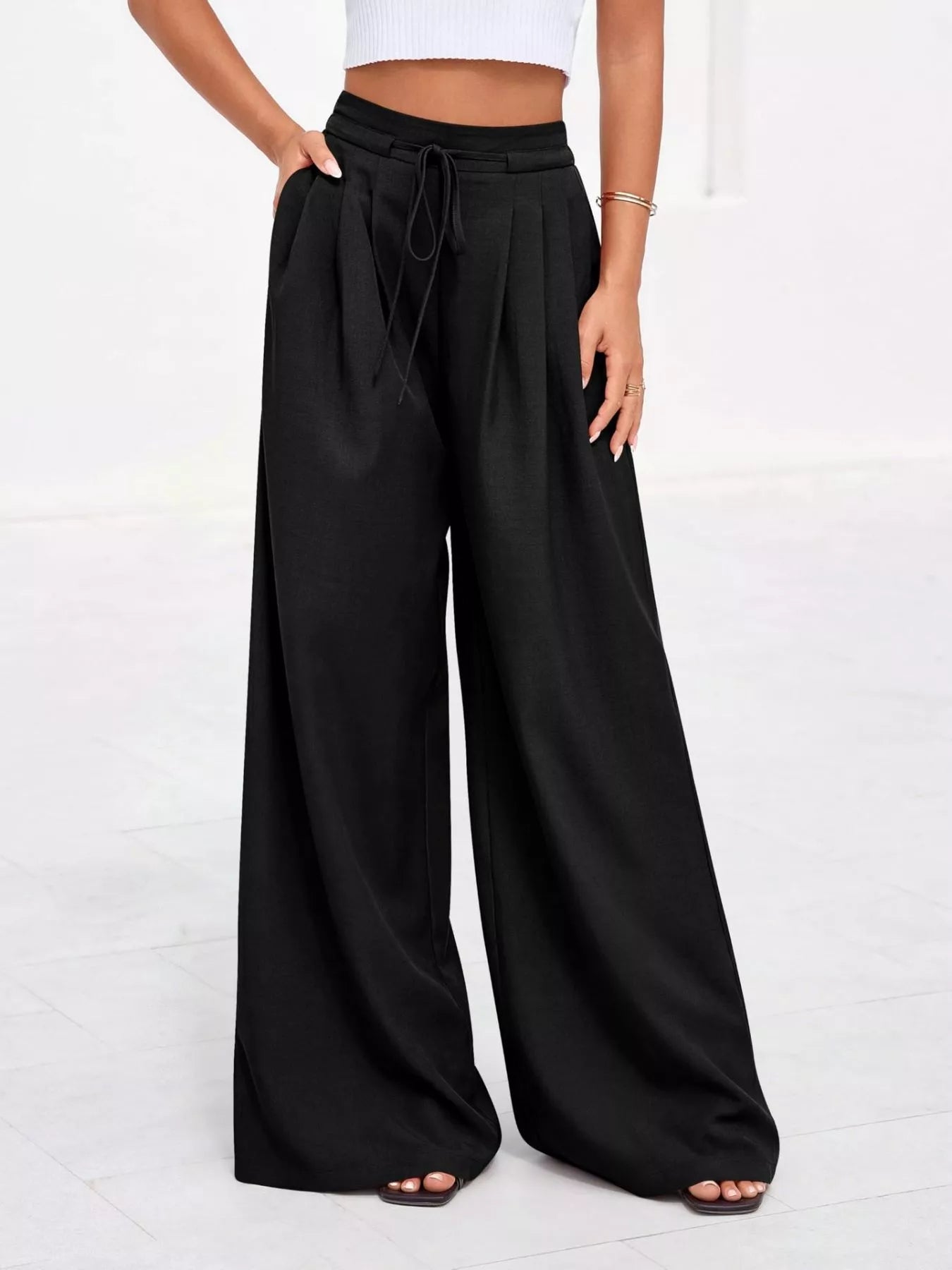 Damenhose mit hoher Taille, weitem Bein und Falten-Pants for Women-Alpenkind
