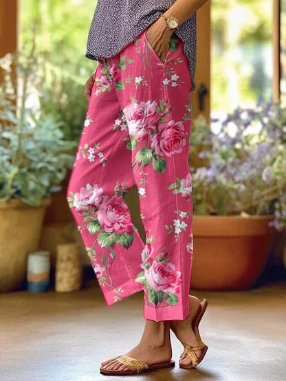 Damenhose mit weitem Bein und Blumenmuster-Pants for Women-Alpenkind