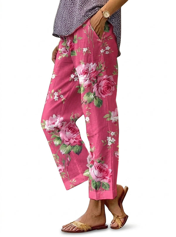 Damenhose mit weitem Bein und Blumenmuster-Pants for Women-Alpenkind