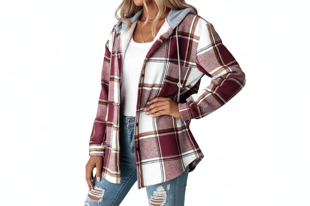 Damenjacke mit Kapuze, Knopfleiste und Karomuster-Women Jackets-Alpenkind