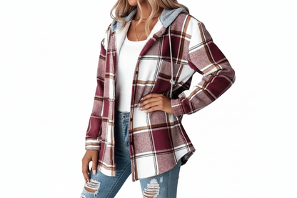 Damenjacke mit Kapuze, Knopfleiste und Karomuster-Women Jackets-Alpenkind