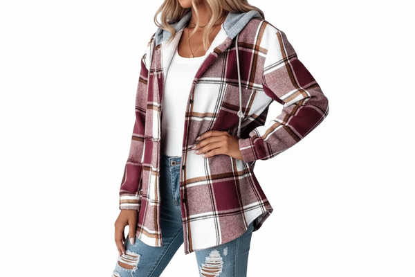 Damenjacke mit Kapuze, Knopfleiste und Karomuster-Women Jackets-Alpenkind