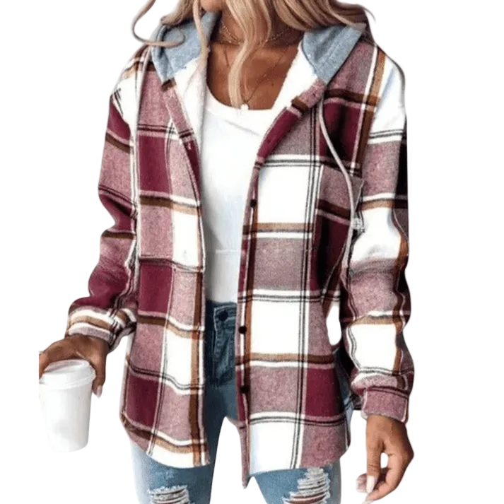 Damenjacke mit Kapuze, Knopfleiste und Karomuster-Women Jackets-Alpenkind
