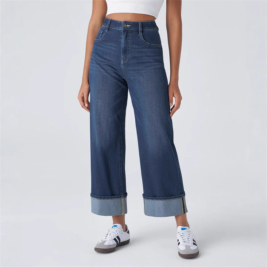 Damenjeans mit hoher Taille, weitem Bein und umgeschlagenen Säumen-Pants for Women-Alpenkind