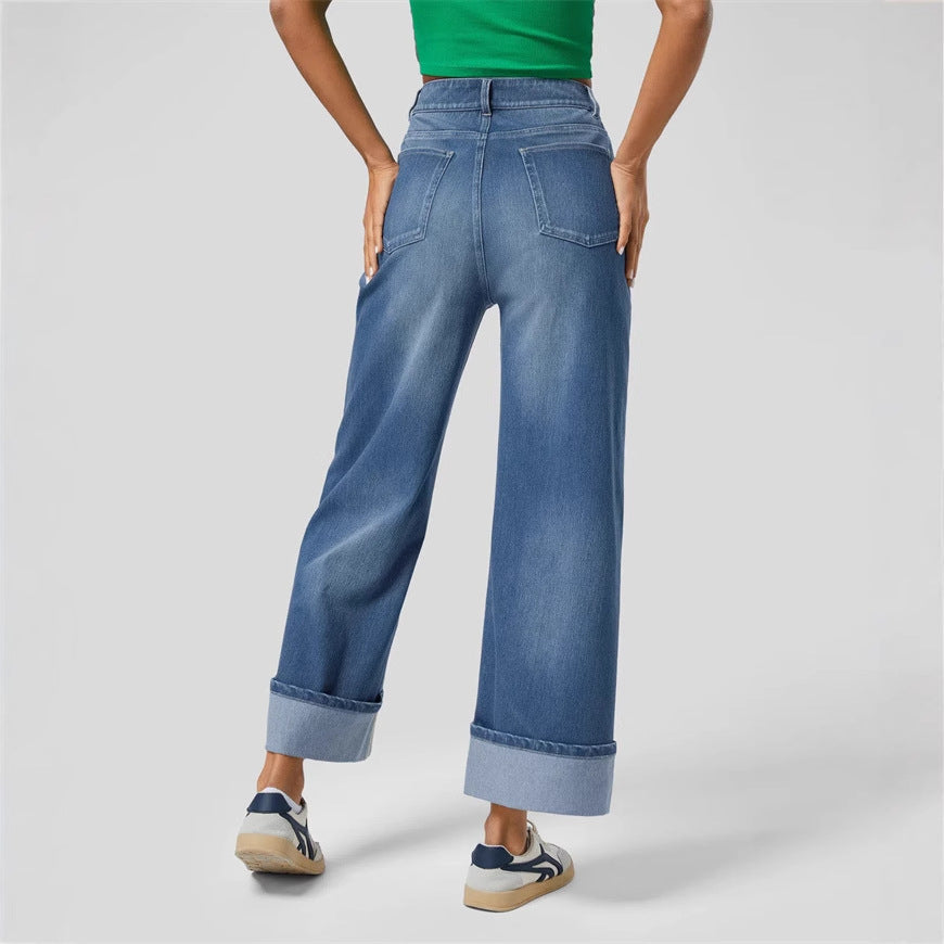 Damenjeans mit hoher Taille, weitem Bein und umgeschlagenen Säumen-Pants for Women-Alpenkind