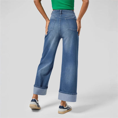 Damenjeans mit hoher Taille, weitem Bein und umgeschlagenen Säumen-Pants for Women-Alpenkind