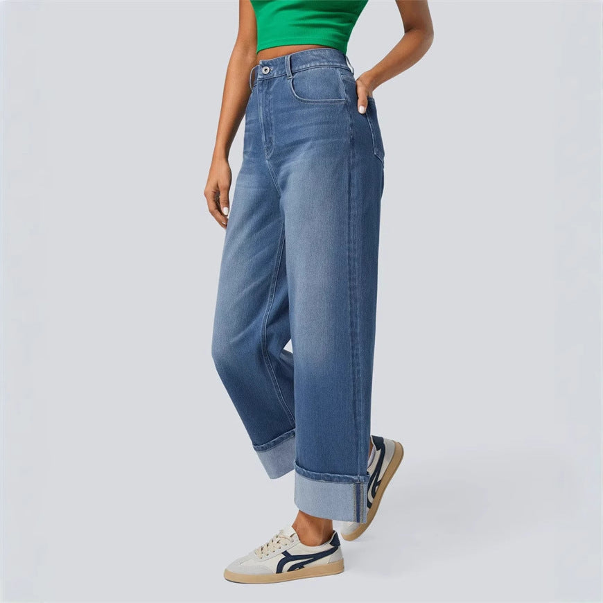 Damenjeans mit hoher Taille, weitem Bein und umgeschlagenen Säumen-Pants for Women-Alpenkind