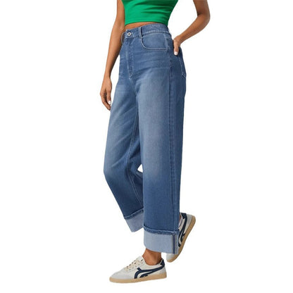 Damenjeans mit hoher Taille, weitem Bein und umgeschlagenen Säumen-Pants for Women-Alpenkind