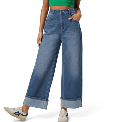 Damenjeans mit hoher Taille, weitem Bein und umgeschlagenen Säumen-Pants for Women-Alpenkind