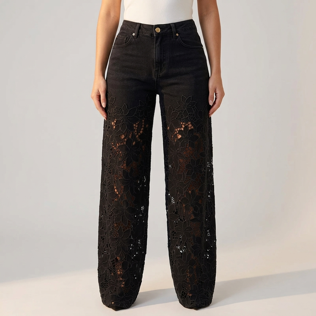 Damenjeans mit weitem Bein und Spitzenbesatz-Pants for Women-Alpenkind