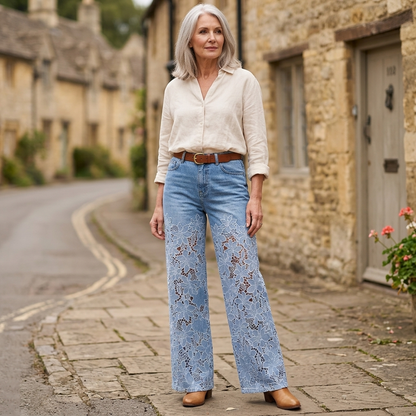 Damenjeans mit weitem Bein und Spitzenbesatz-Pants for Women-Alpenkind