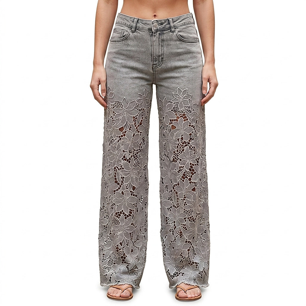 Damenjeans mit weitem Bein und Spitzenbesatz-Pants for Women-Alpenkind