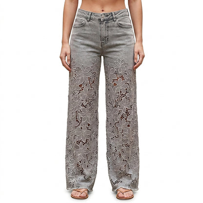 Damenjeans mit weitem Bein und Spitzenbesatz-Pants for Women-Alpenkind