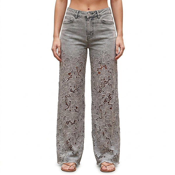 Damenjeans mit weitem Bein und Spitzenbesatz-Pants for Women-Alpenkind