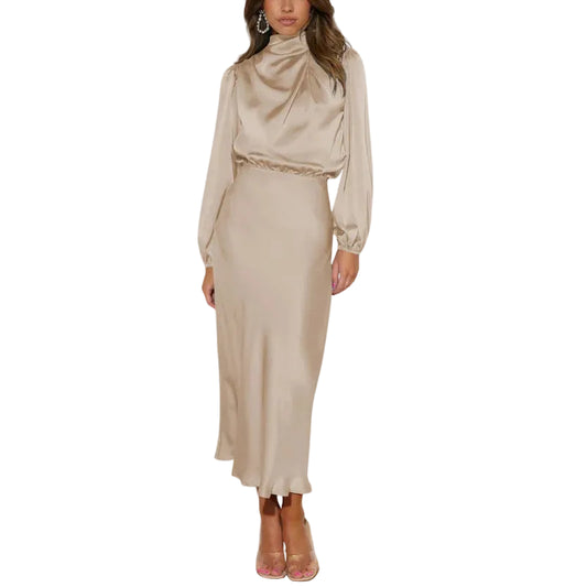 Damenkleid mit drapiertem Stehkragen-Midi Dress-Alpenkind