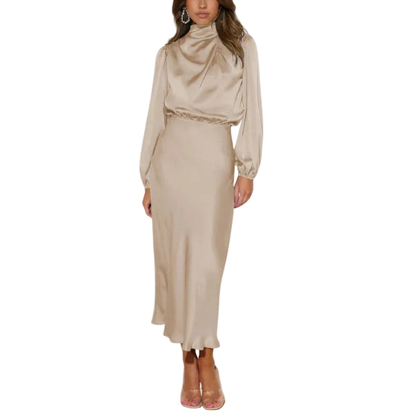 Damenkleid mit drapiertem Stehkragen-Midi Dress-Alpenkind