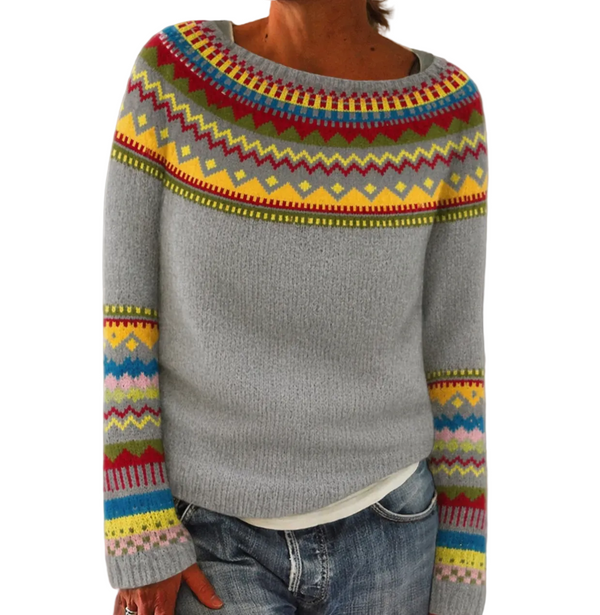 Damenpullover mit Rundhalsausschnitt und mehrfarbigem Muster-Women Sweaters-Alpenkind