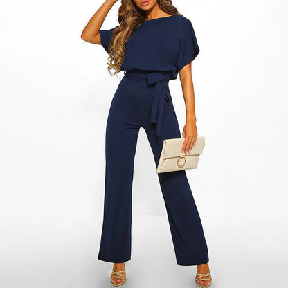 Damen’s Jumpsuit mit kurzen Ärmeln, weitem Bein und Taillenband-Jumpsuits for women-Alpenkind