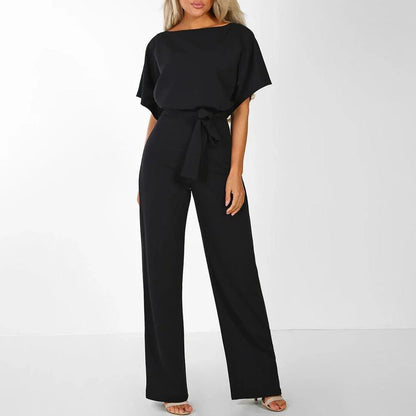 Damen’s Jumpsuit mit kurzen Ärmeln, weitem Bein und Taillenband-Jumpsuits for women-Alpenkind